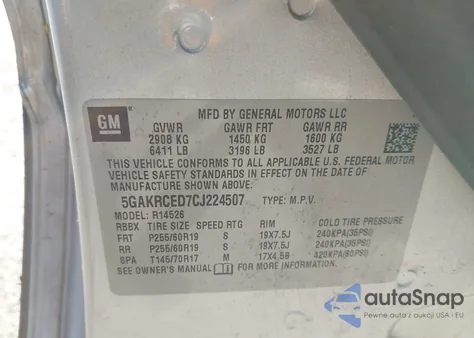 2012 Buick Enclave Leather z USA, uszkodzony, nr VIN 5GAKRCED7CJ224507